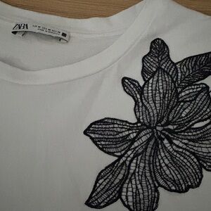 Zara White Blouse with Black Lace Floral Accent